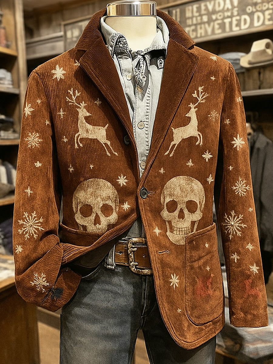 Men's Retro Western Style Christmas Skull Print Casual Corduroy Pocket Blazers